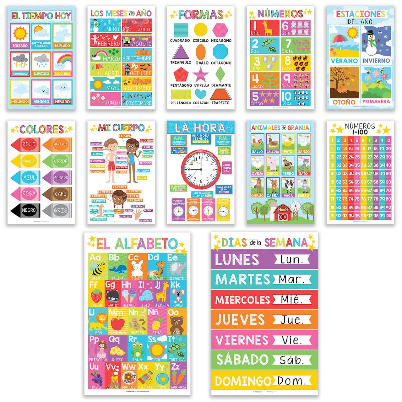 Hadley Designs 11" x 17" Colorful Spanish Preschool Educational Laminated Posters Set